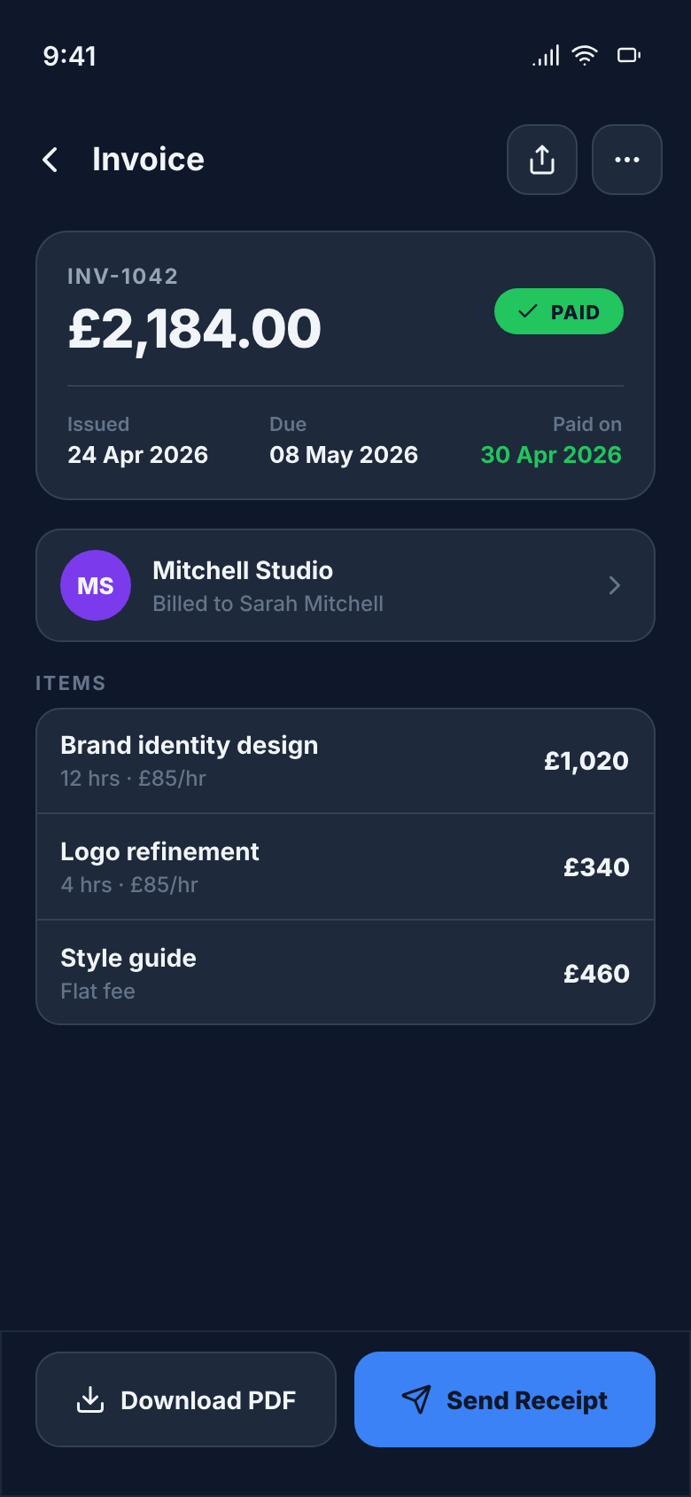 Invoicly invoice detail screen showing a paid invoice for Mitchell Studio with line items for brand identity design, logo refinement, and style guide