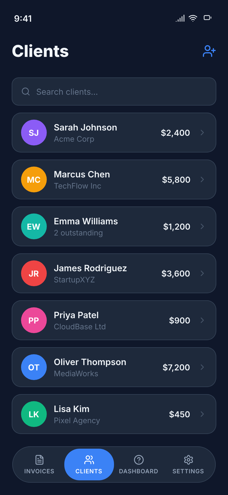 Invoicly clients list showing multiple clients with their names, companies, and outstanding amounts